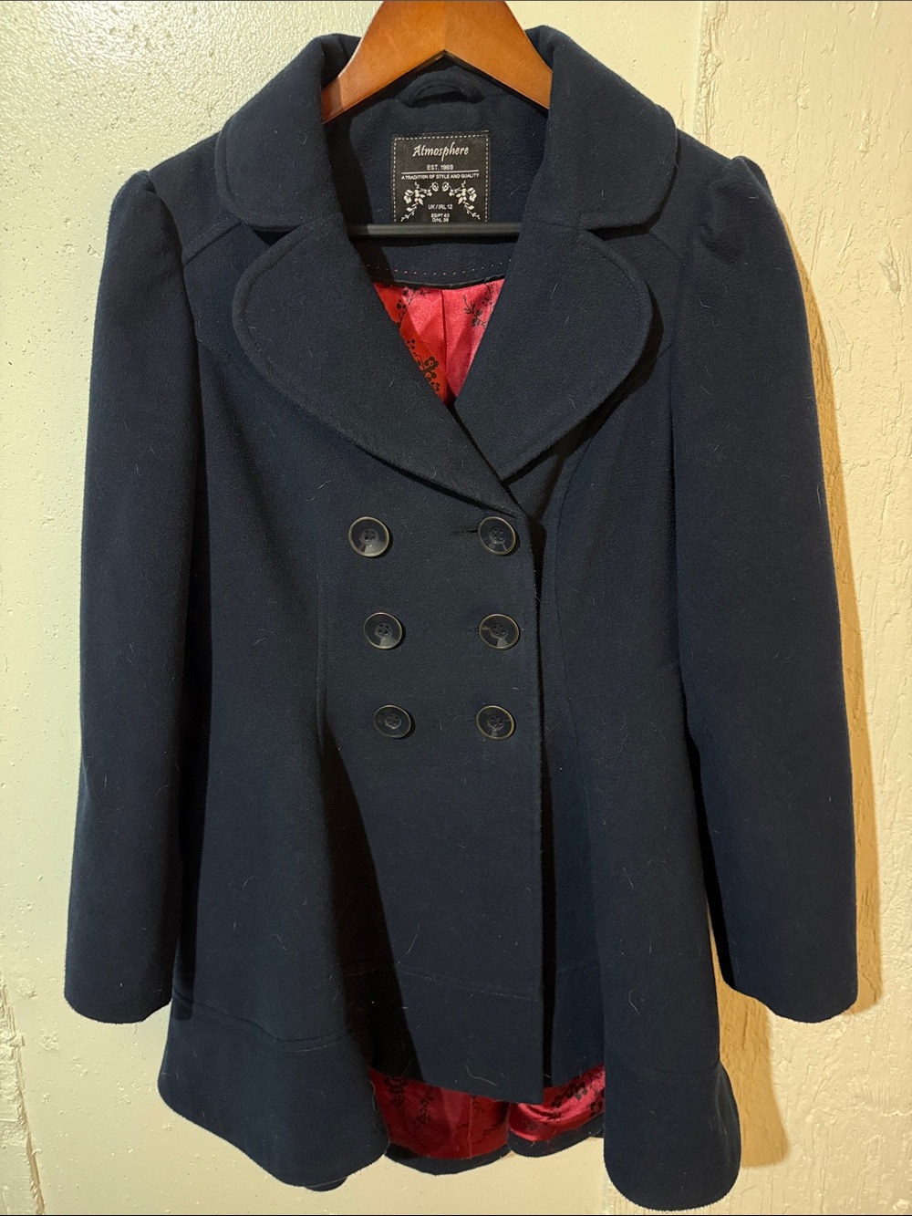 Atmosphere Navy Double-Breasted Pea Coat with Scalloped Lapels